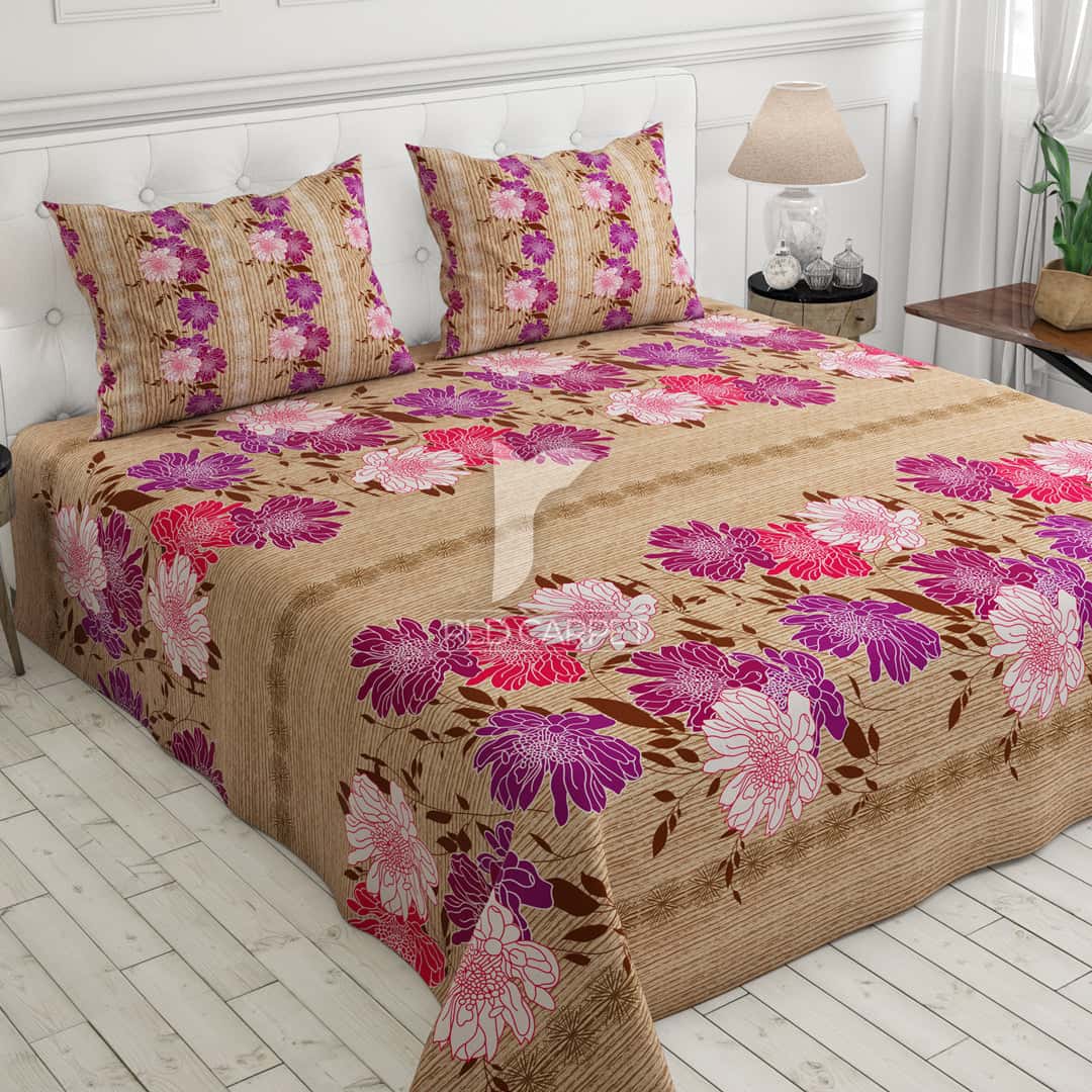 Xara Light Brown Flower Design Bed Sheet Set - 7281-7282