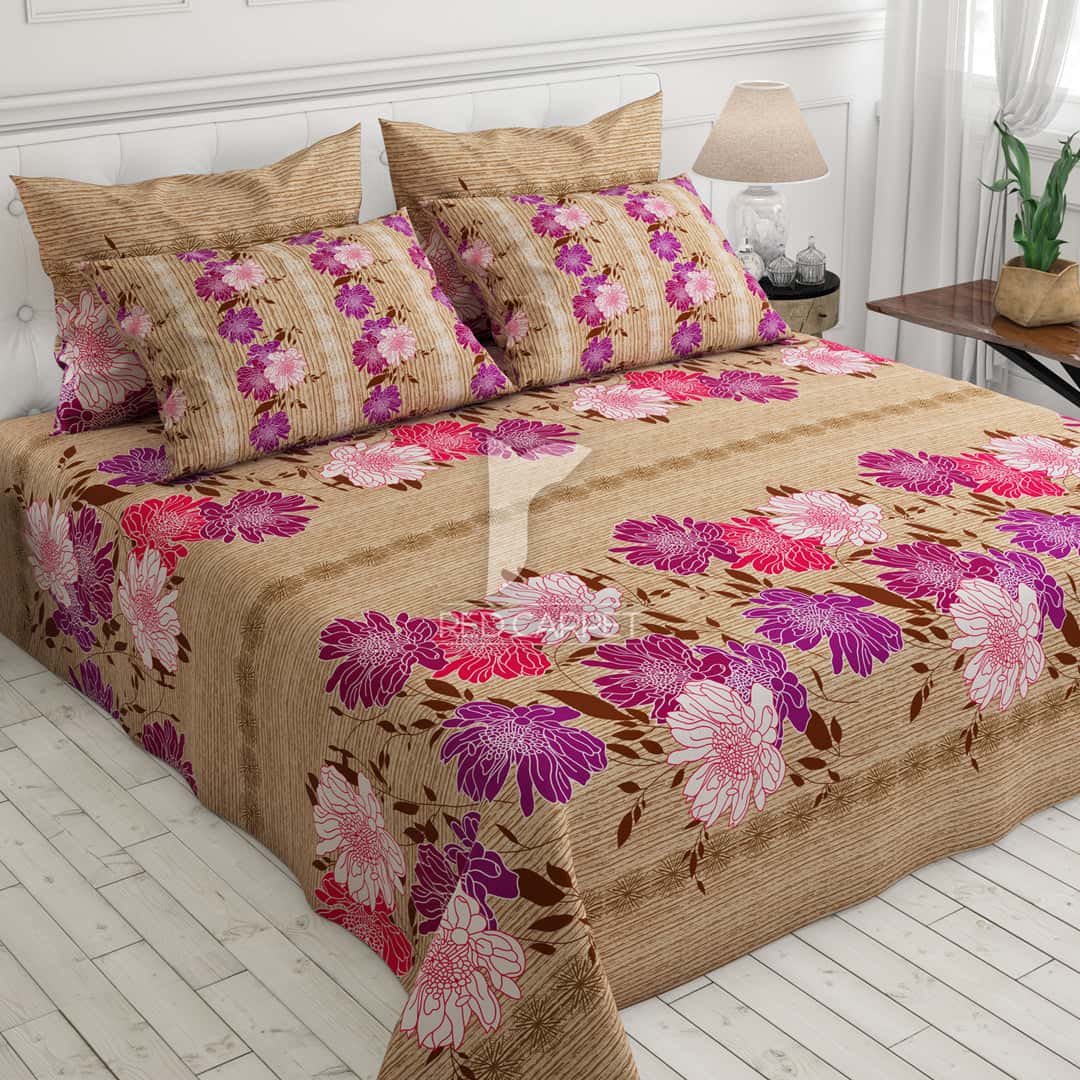 Xara Light Brown Flower Design Bed Sheet Set - 7281-7282