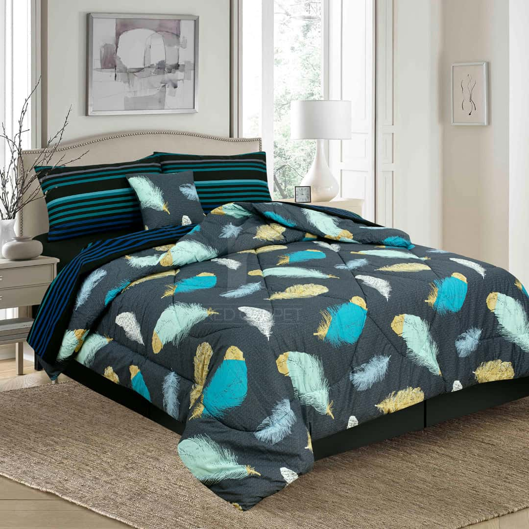 Cotton Satin 5 pcs comforter set (Blue Feather)