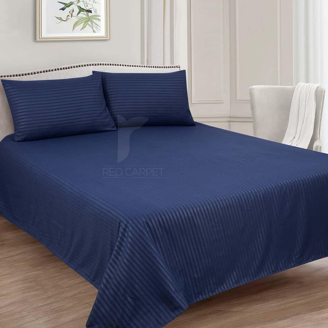 Deep Midnight Blue Stripe Cotton Satin Bed sheet Main image