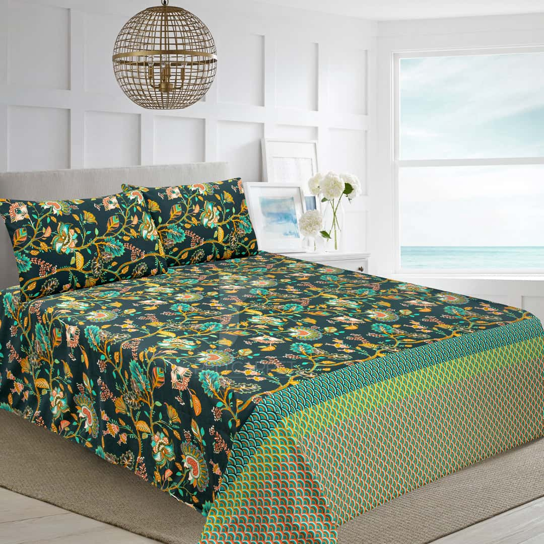 Luxury Cotton Satin bedsheet (Printed Green)