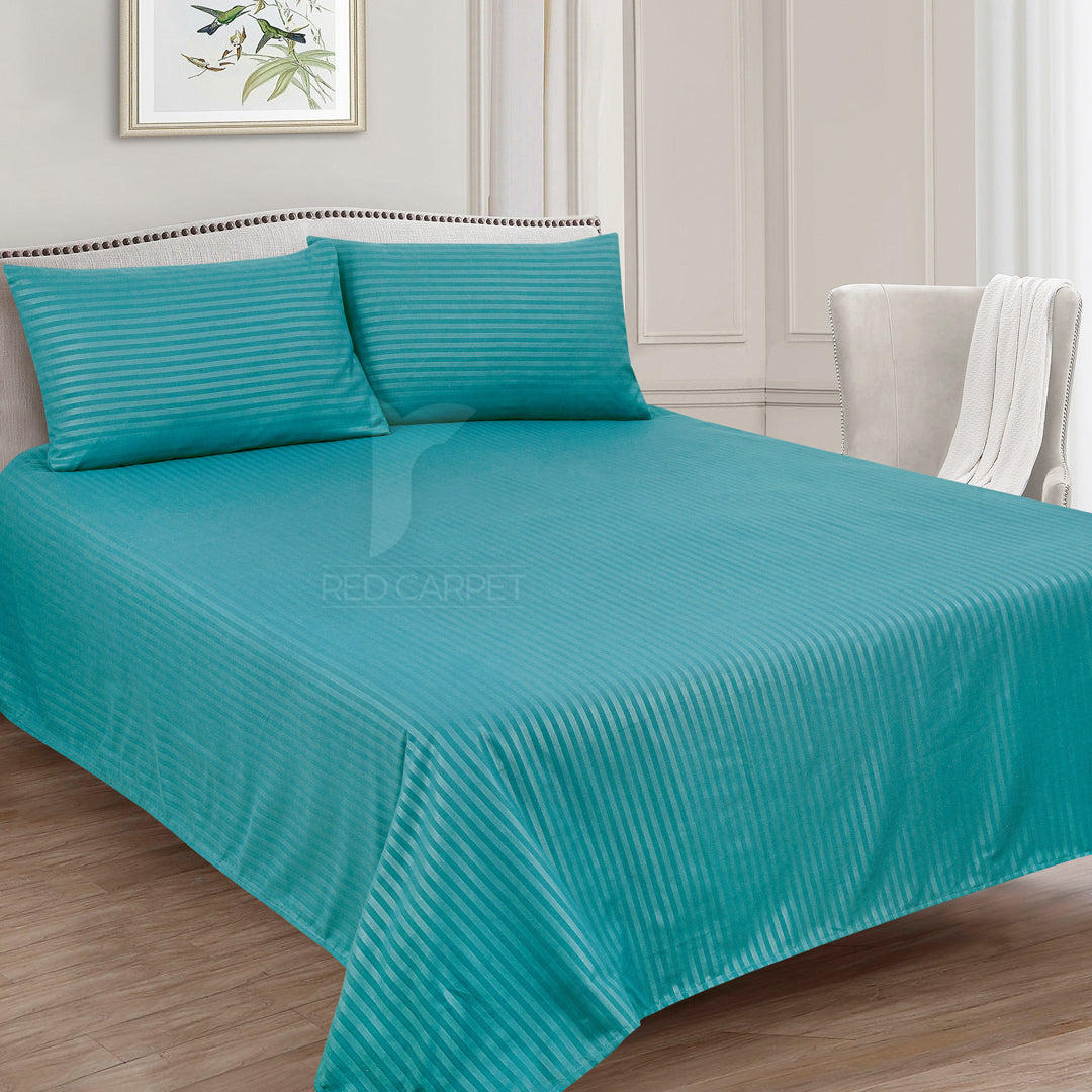 Luxury Cotton Satin Stripe bedsheet (L/Ferozi)